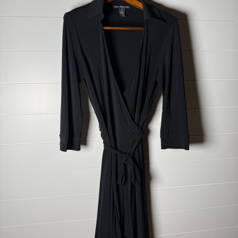 Jones Wear Midi Dress Jersey Collared Wrap Dress Size 10 Black NWOT